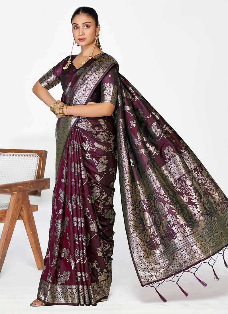 Vellora Wine Banarasi Silk Saree with Heavy Traditional Zari | Swadesiicart
