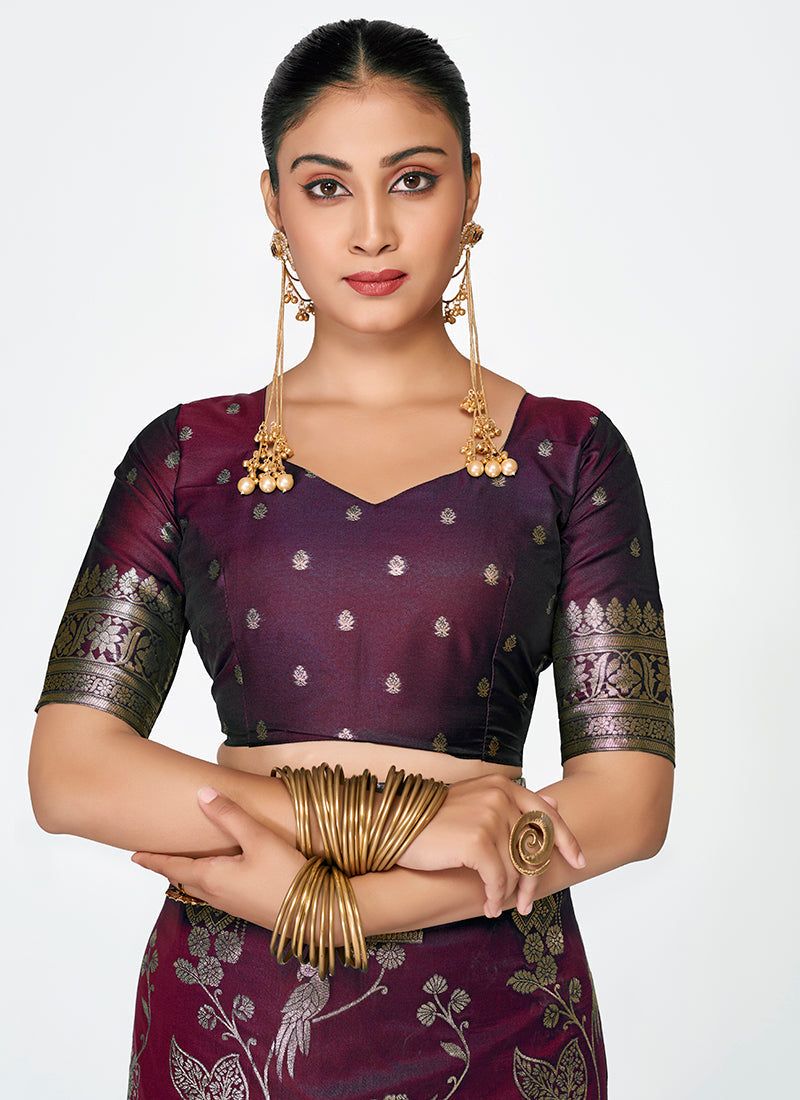 Vellora Wine Banarasi Silk Saree with Heavy Traditional Zari | Swadesiicart