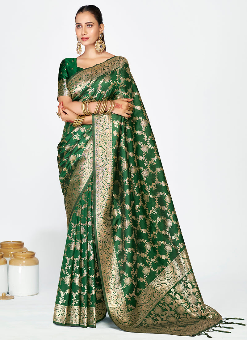 Vellora Emerald Green Banarasi Silk Saree with Rich Golden Zari Weaving | Swadesiicart