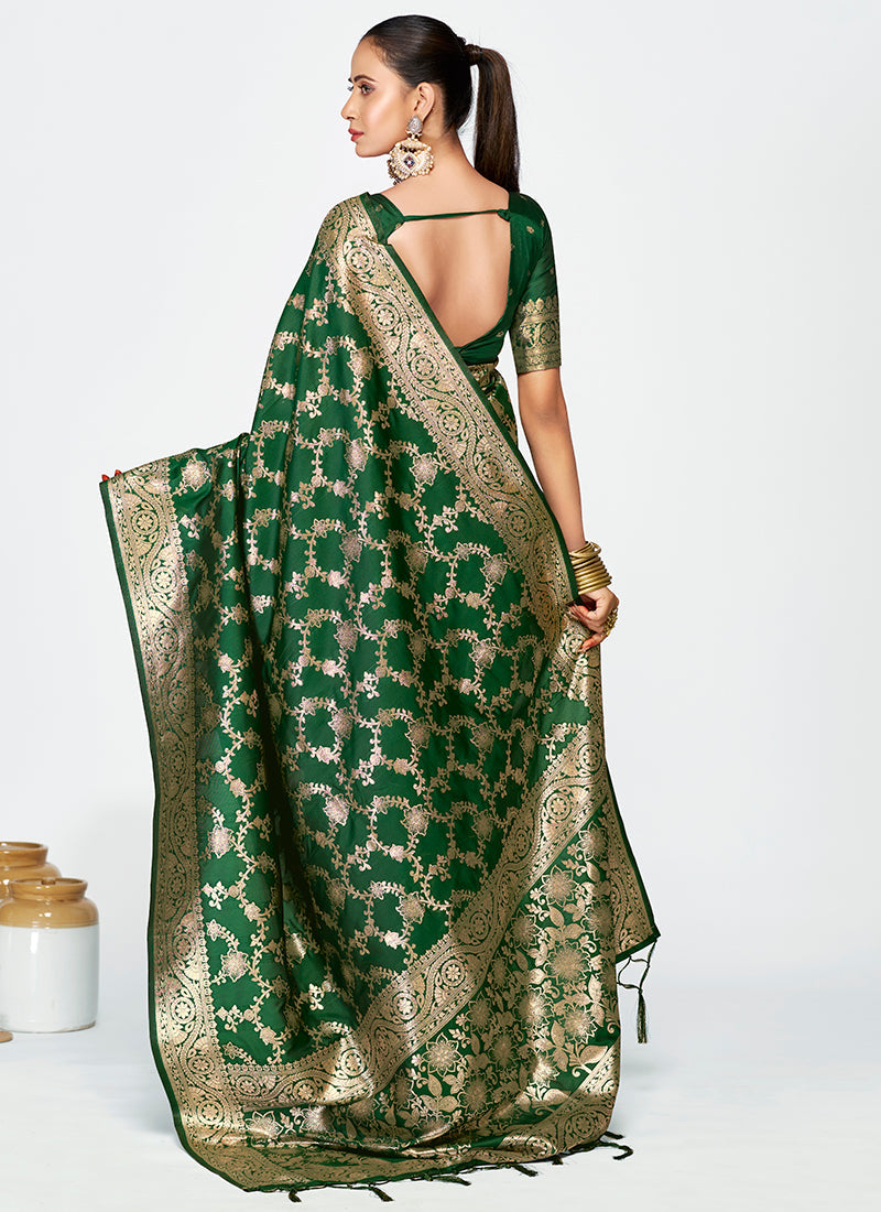 Vellora Emerald Green Banarasi Silk Saree with Rich Golden Zari Weaving | Swadesiicart
