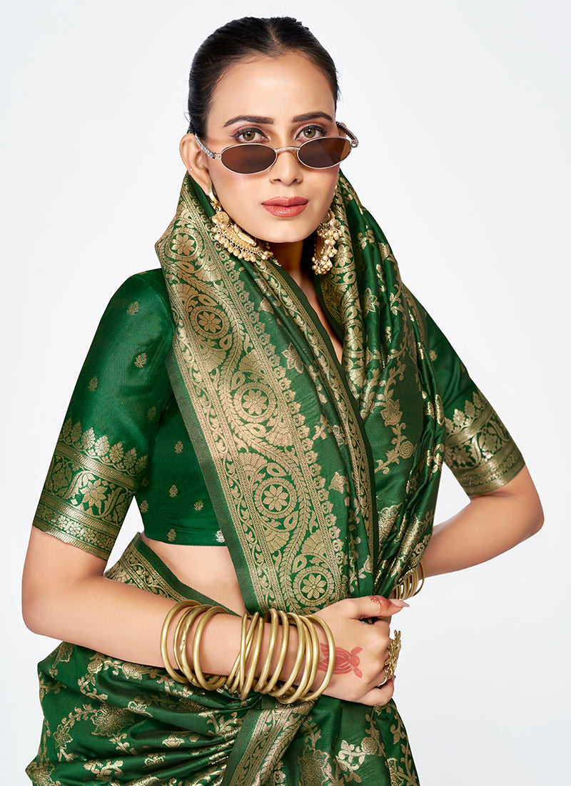 Vellora Emerald Green Banarasi Silk Saree with Rich Golden Zari Weaving | Swadesiicart