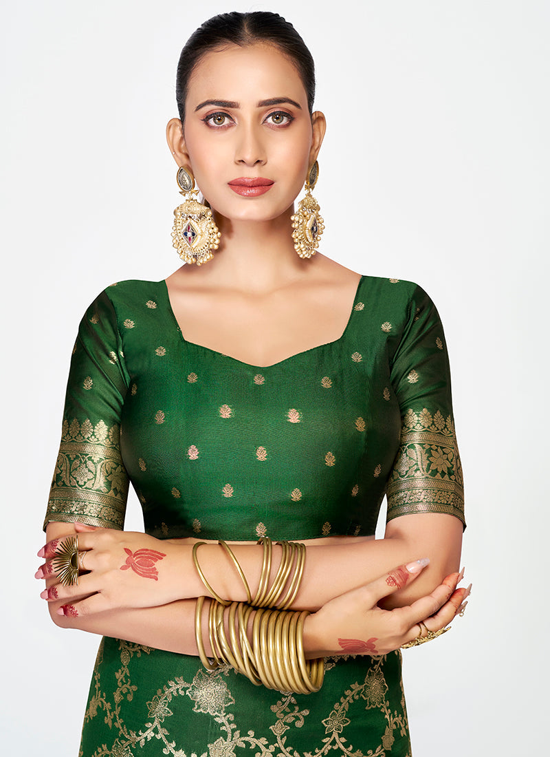 Vellora Emerald Green Banarasi Silk Saree with Rich Golden Zari Weaving | Swadesiicart