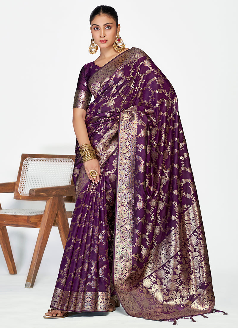 Vellora Plum Purple Banarasi Silk Saree with Traditional Floral Zari Pattern | Swadesiicart