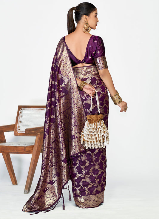 Vellora Plum Purple Banarasi Silk Saree with Traditional Floral Zari Pattern | Swadesiicart