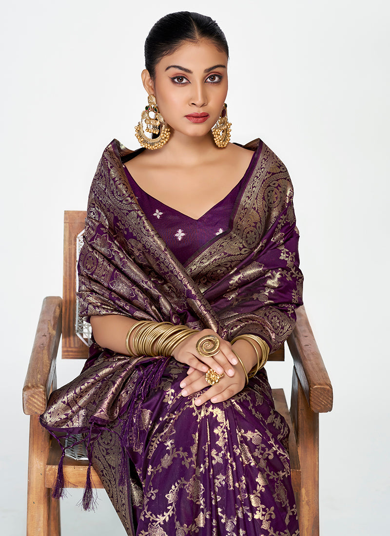 Vellora Plum Purple Banarasi Silk Saree with Traditional Floral Zari Pattern | Swadesiicart