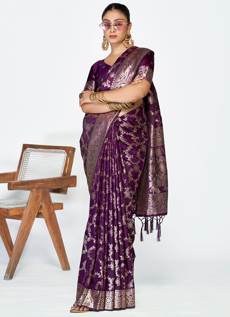 Vellora Plum Purple Banarasi Silk Saree with Traditional Floral Zari Pattern | Swadesiicart