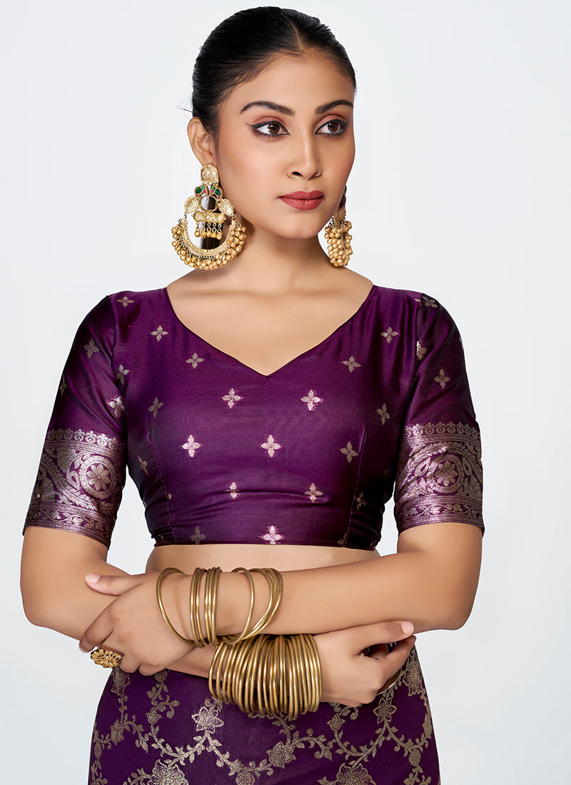 Vellora Plum Purple Banarasi Silk Saree with Traditional Floral Zari Pattern | Swadesiicart