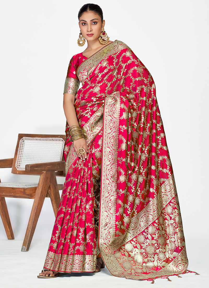 Vellora Rani Pink Banarasi Soft Silk Saree with Heavy Golden Jaal Weaving | Swadesiicart