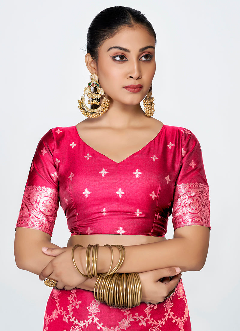 Vellora Rani Pink Banarasi Soft Silk Saree with Heavy Golden Jaal Weaving | Swadesiicart