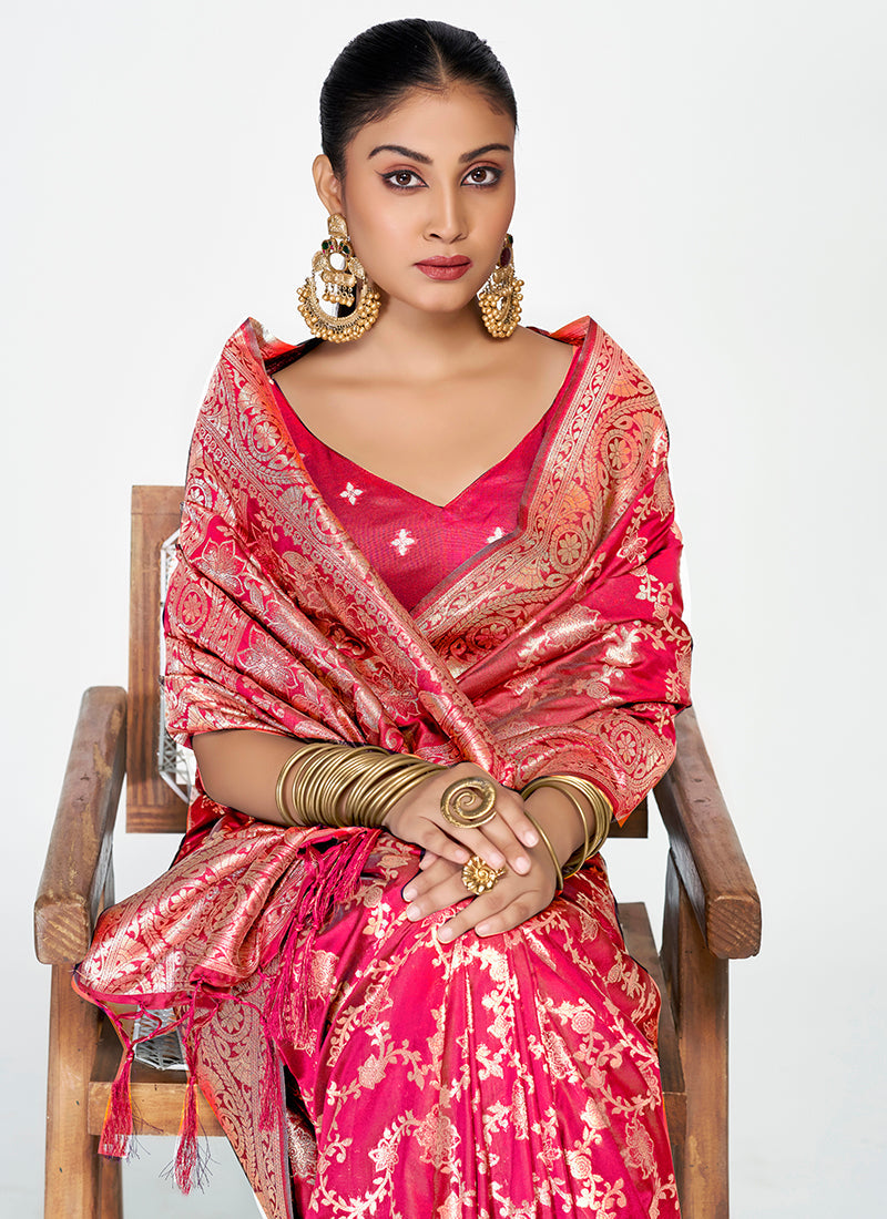 Vellora Rani Pink Banarasi Soft Silk Saree with Heavy Golden Jaal Weaving | Swadesiicart