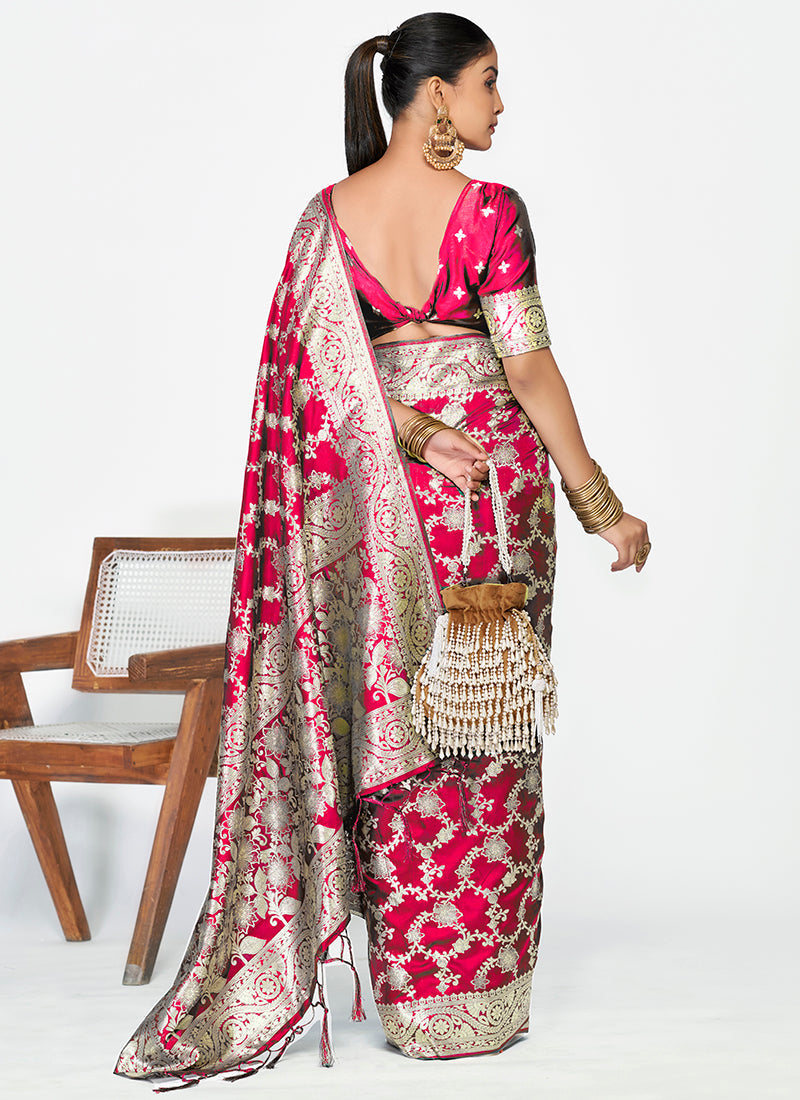 Vellora Rani Pink Banarasi Soft Silk Saree with Heavy Golden Jaal Weaving | Swadesiicart