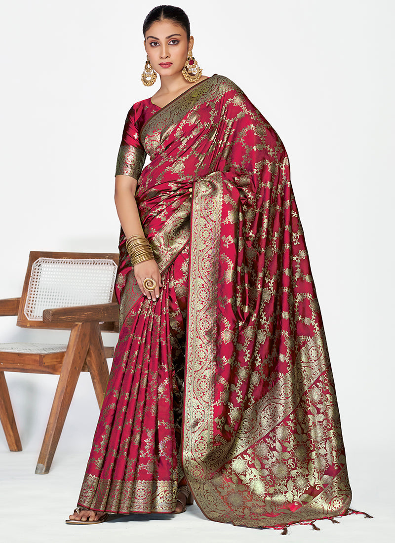 Vellora Wine Red Banarasi Silk Saree with Antique Golden Zari Work | Swadesiicart