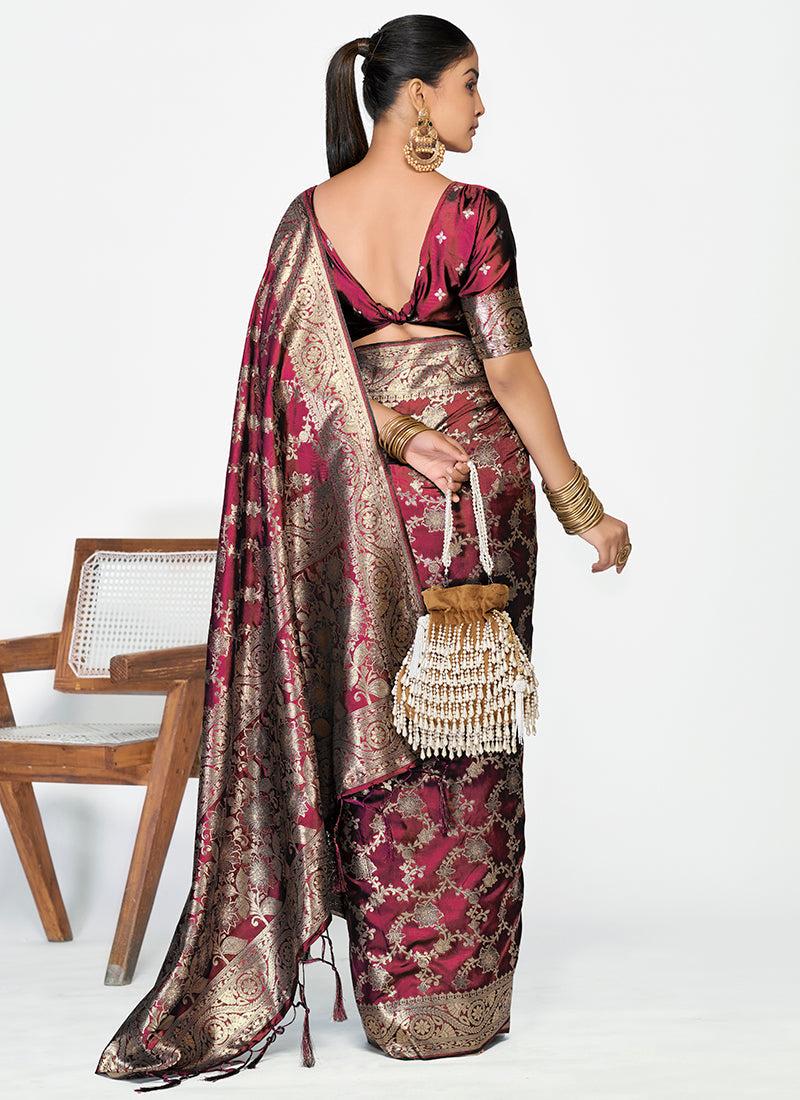 Vellora Wine Red Banarasi Silk Saree with Antique Golden Zari Work | Swadesiicart