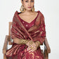 Vellora Wine Red Banarasi Silk Saree with Antique Golden Zari Work | Swadesiicart
