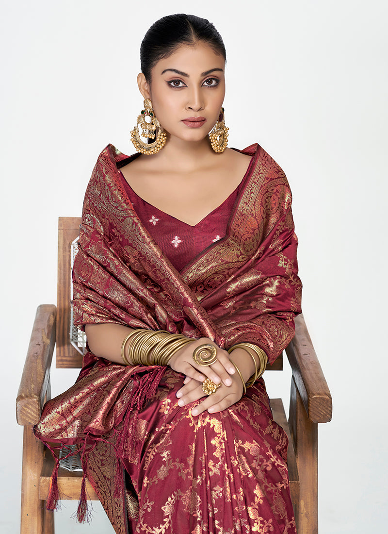 Vellora Wine Red Banarasi Silk Saree with Antique Golden Zari Work | Swadesiicart