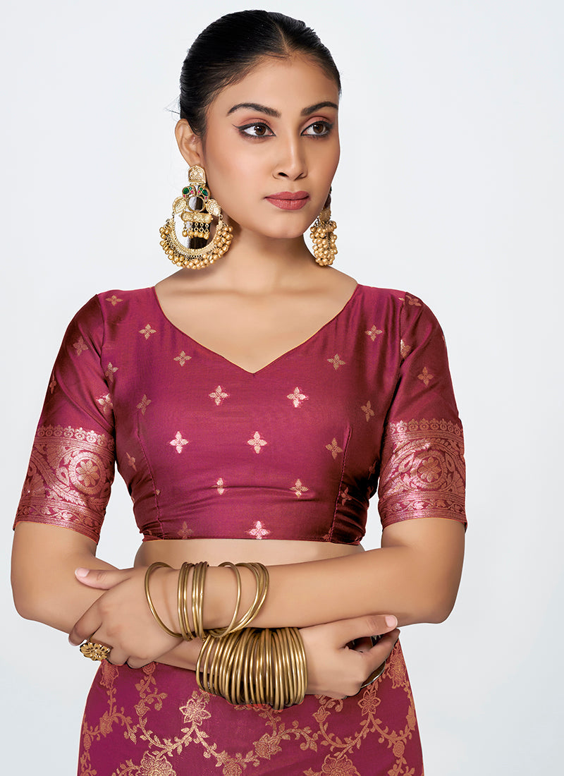 Vellora Wine Red Banarasi Silk Saree with Antique Golden Zari Work | Swadesiicart