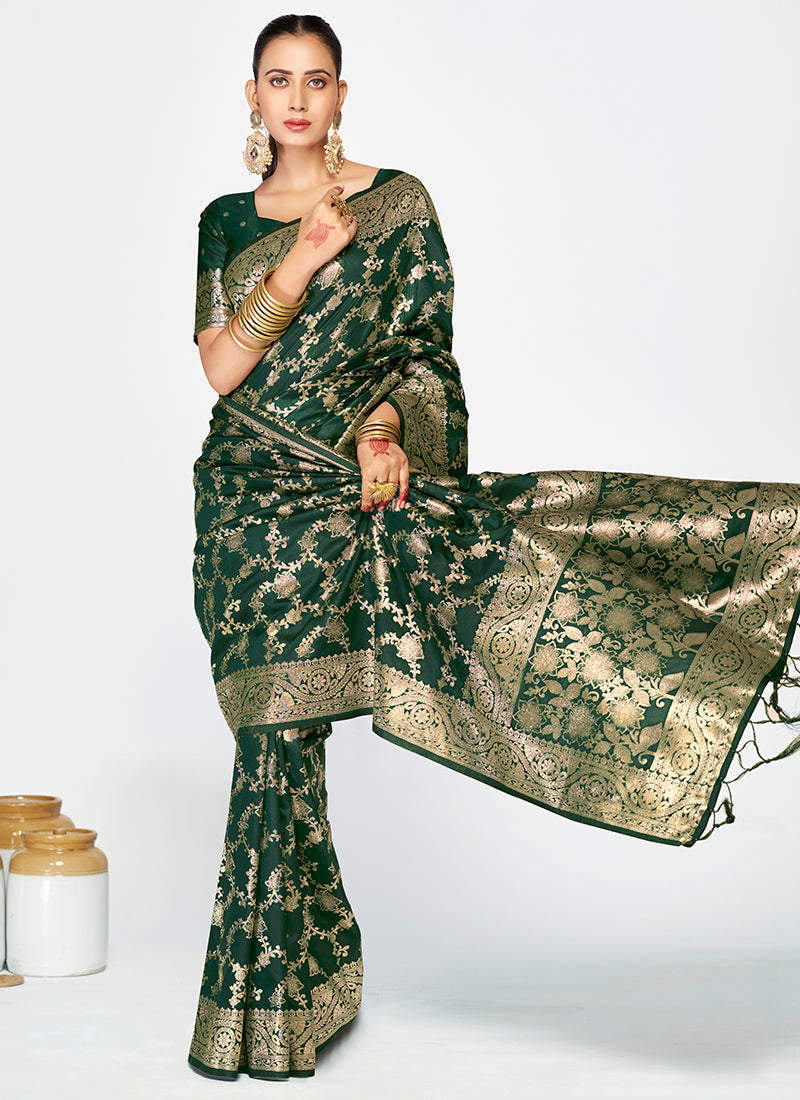 Vellora Bottle Green Banarasi Silk Saree with Elegant Zari Border | Swadesiicart