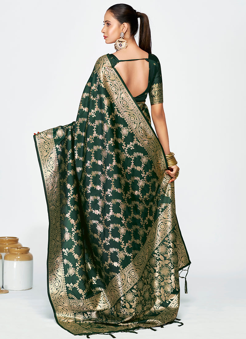 Vellora Bottle Green Banarasi Silk Saree with Elegant Zari Border | Swadesiicart