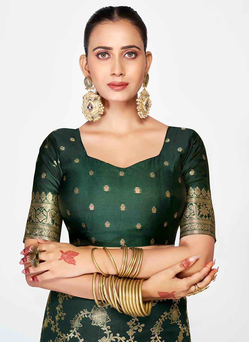 Vellora Bottle Green Banarasi Silk Saree with Elegant Zari Border | Swadesiicart