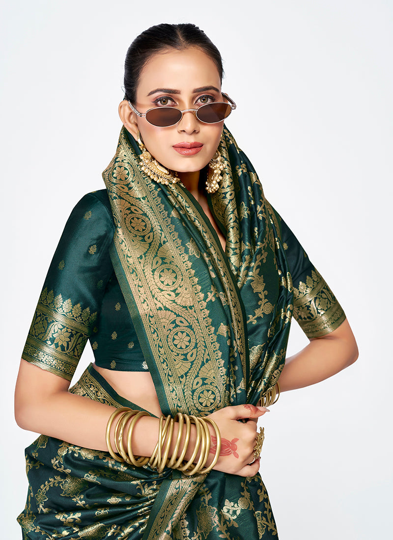 Vellora Bottle Green Banarasi Silk Saree with Elegant Zari Border | Swadesiicart