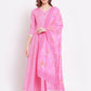 Myshka Women's Pink Printed Cotton Blend 3/4 Sleeve V Neck Casual Anarkali Kurta Dupatta Set
