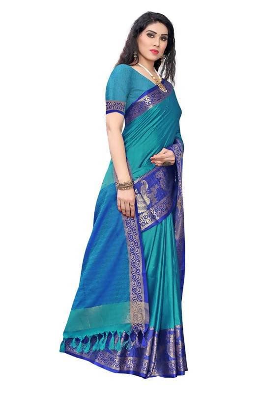 Vamika Banarasi Jacquard Weaving Blue Saree (DHONI BLUE) | Swadesiicart