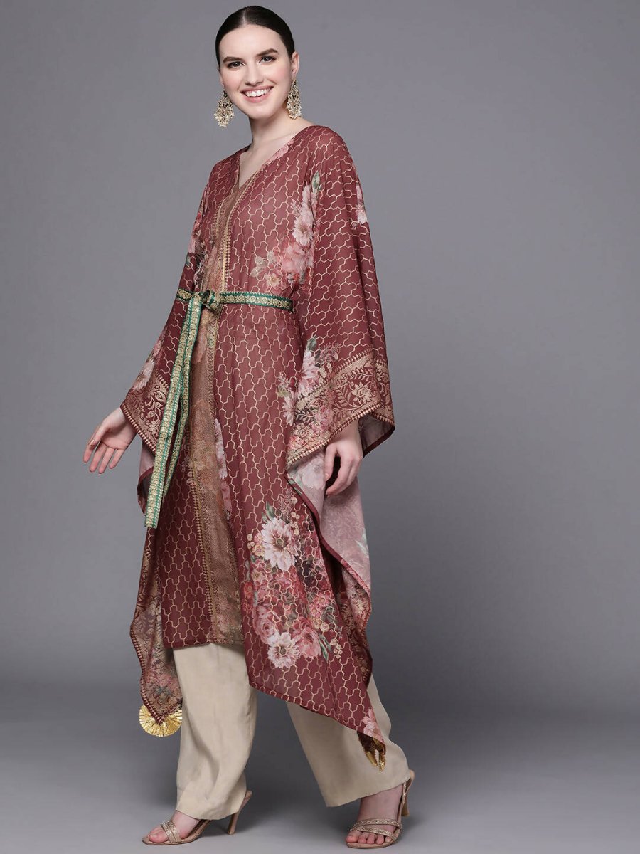 Ahalyaa Women Maroon Floral Printed Flared Sleeves Kaftan Kurta | Swadesiicart