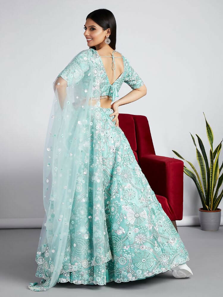 House of Panchhi Turquoise Blue Organza Sequins, Zarkan And Thread Embroidery Lehenga Choli & Dupatta | Swadesiicart
