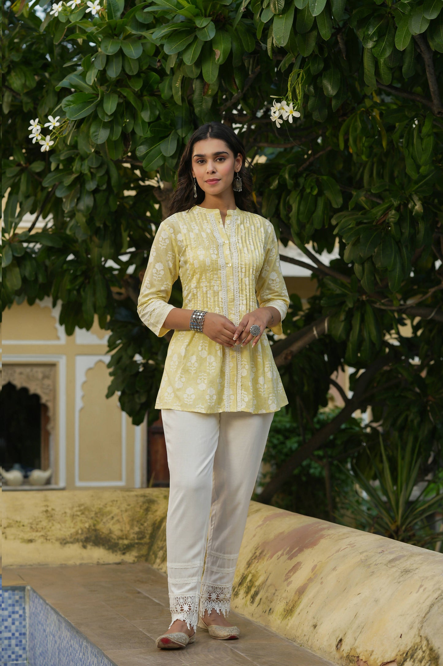 Juniper Women's Yellow Cambric Placement Floral Printed Tunic | Swadesiicart