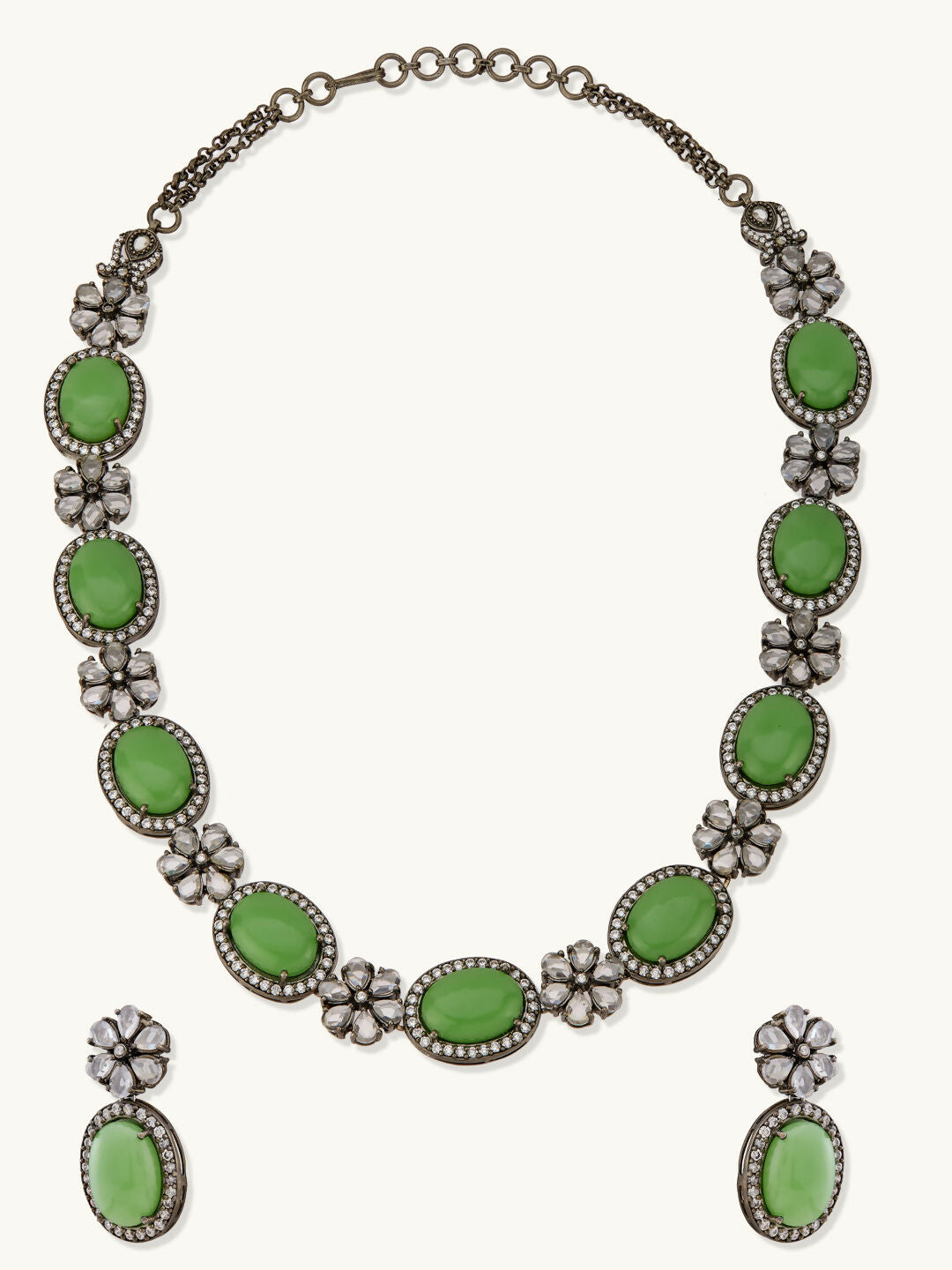 Nuyug Antique Silver Plated Crystal Studded Faux Jade Stones Embellished Necklace Set | Swadesiicart