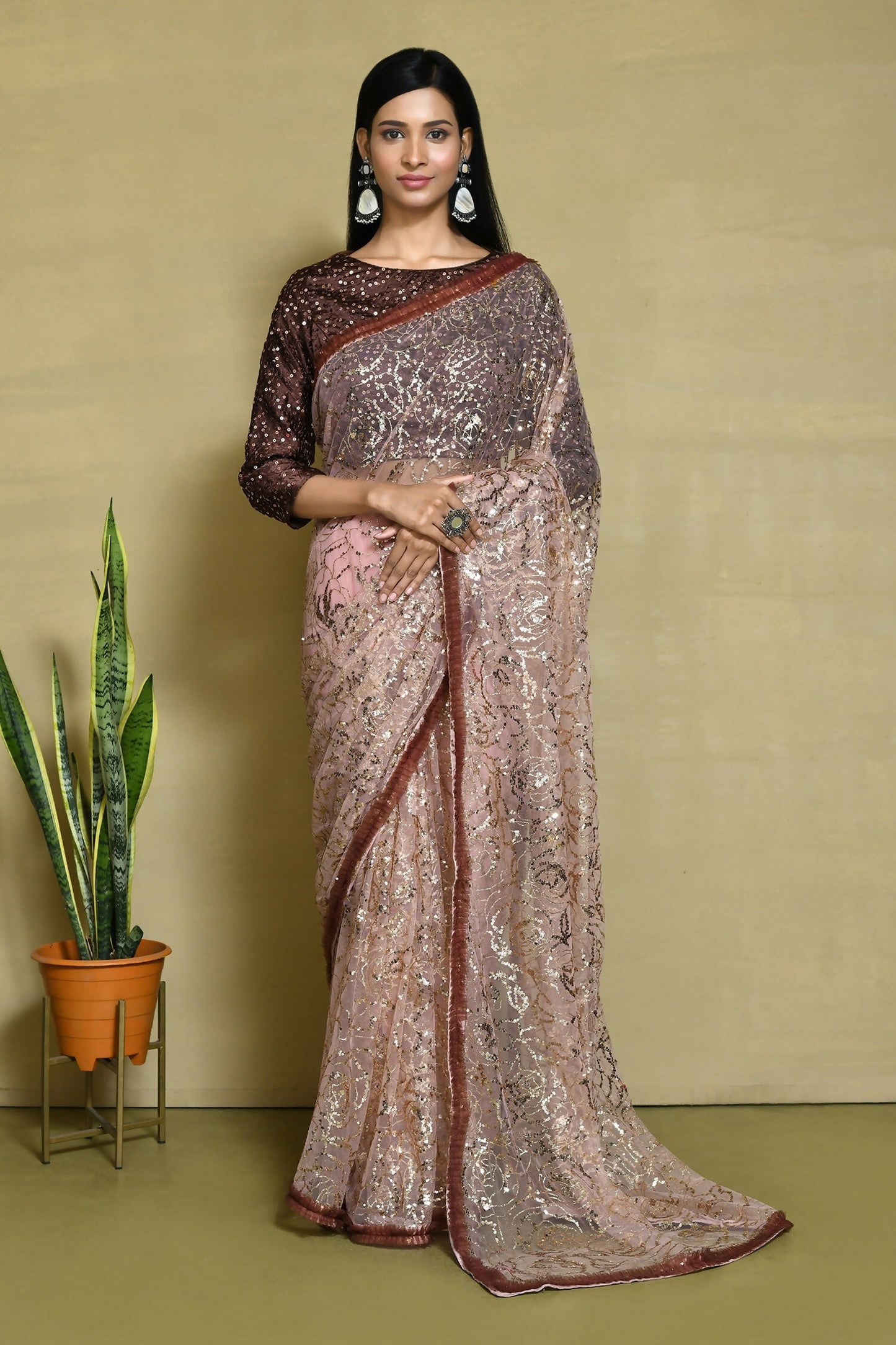 Brown Net Sequence Embroidered Festive Saree - Nimaya Denzy