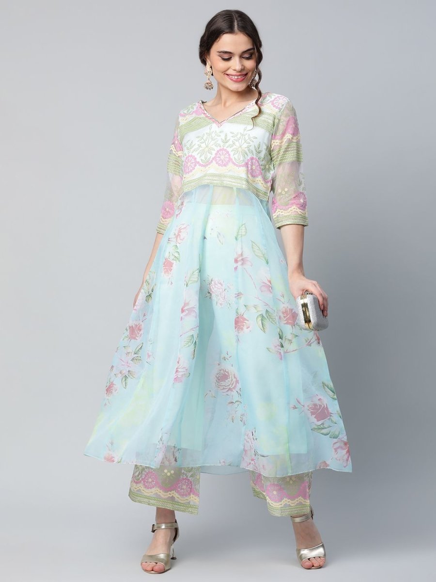 Ahalyaa Women Sea Green Organza Romantic Florals Kurta Palazzo Set | Swadesiicart
