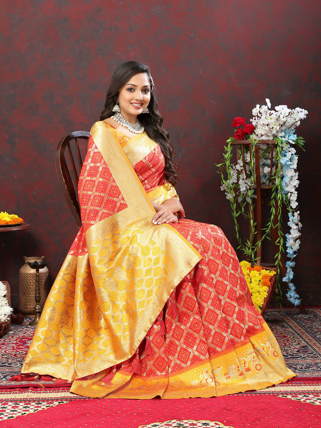 Lorenvalley Fashion Red & Yellow Patola Silk Woven Design Meenakari Weaving Saree - Swadesiicart