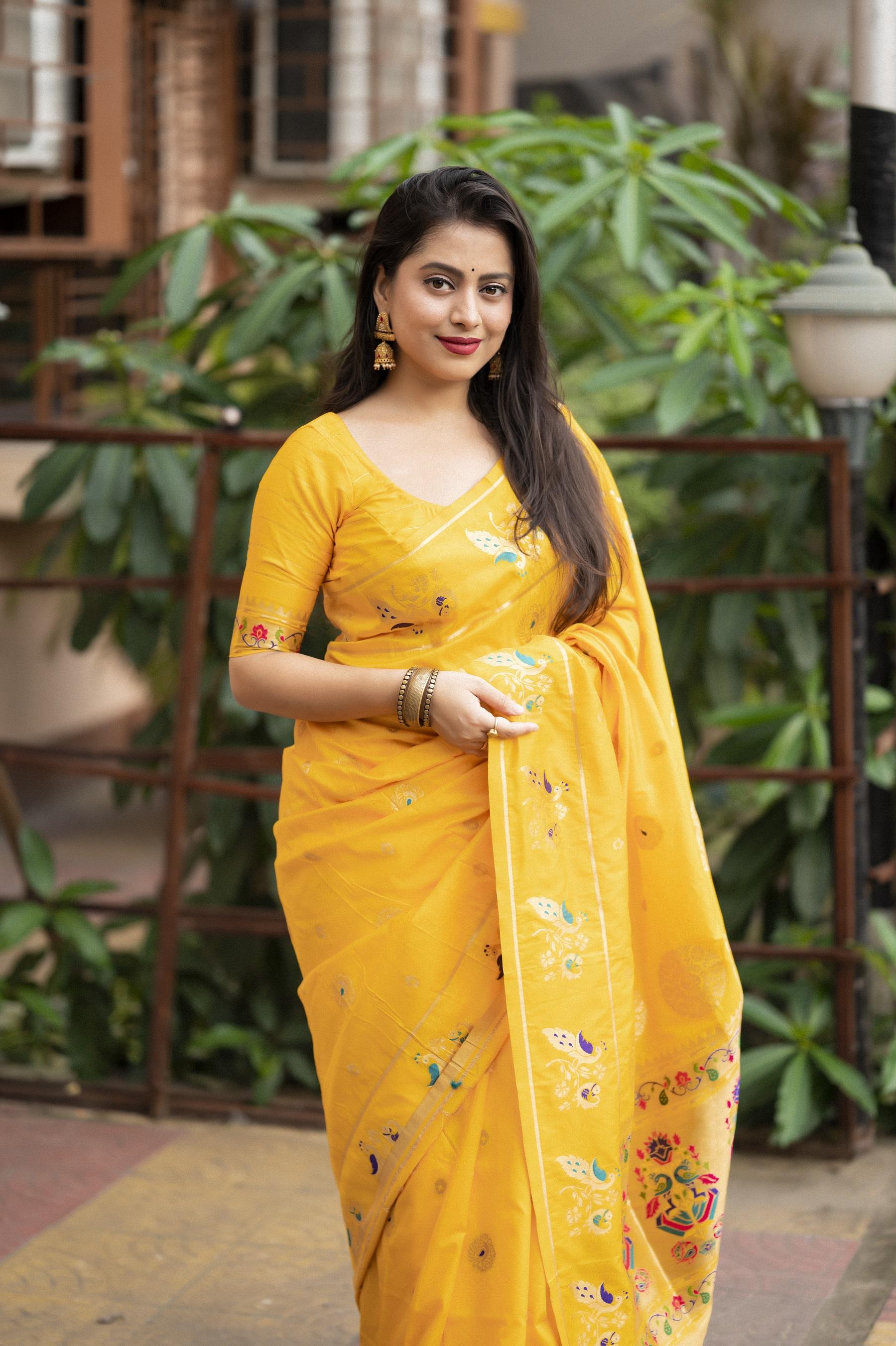Yellow Pure Silk Woven Design Saree with Unstitched Blouse - Hiral Fashion | Swadesiicart