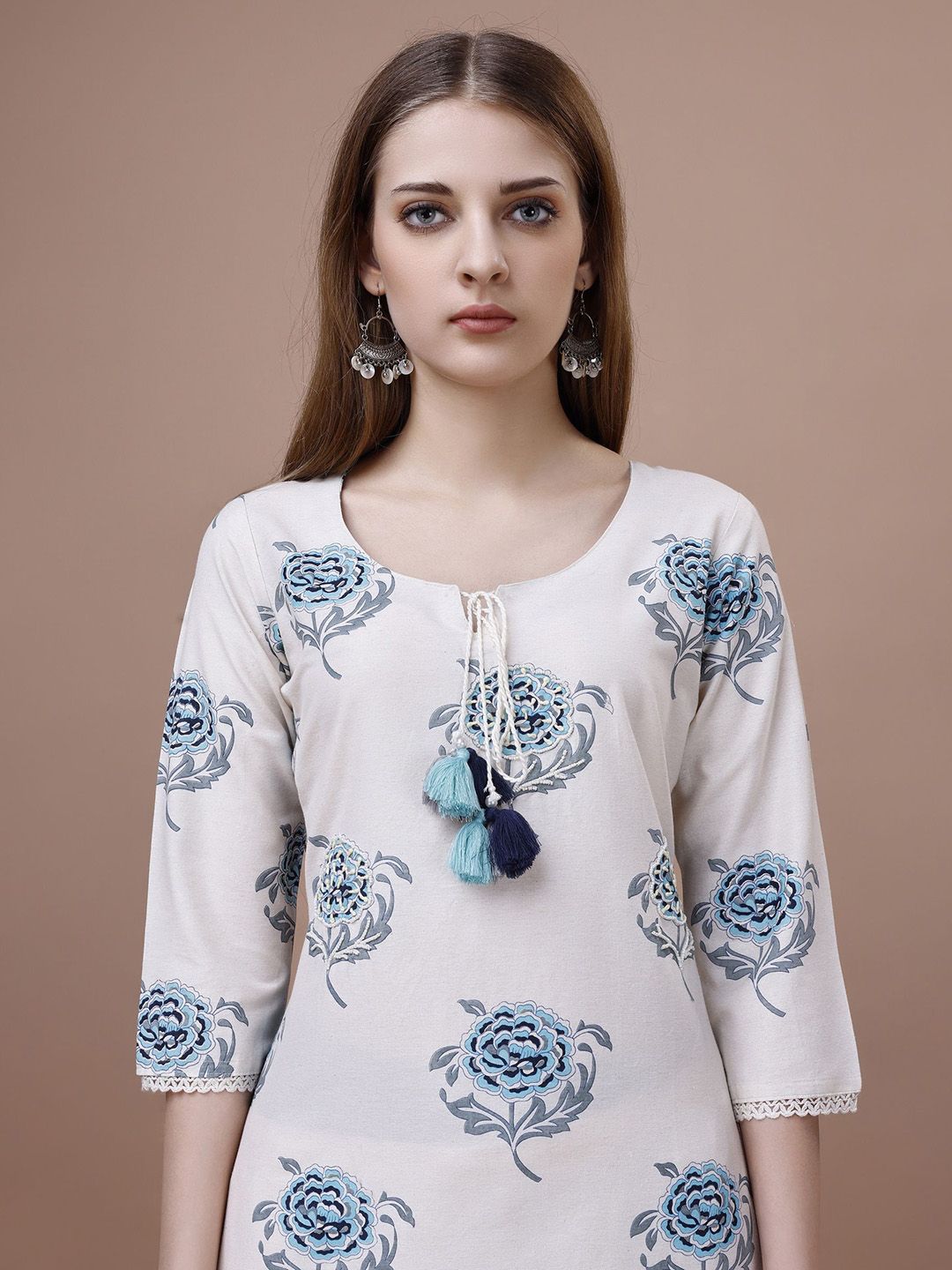 Ode by House of Pataudi Floral Printed Tie-Up Neck Cotton Straight Kurta - Swadesiicart