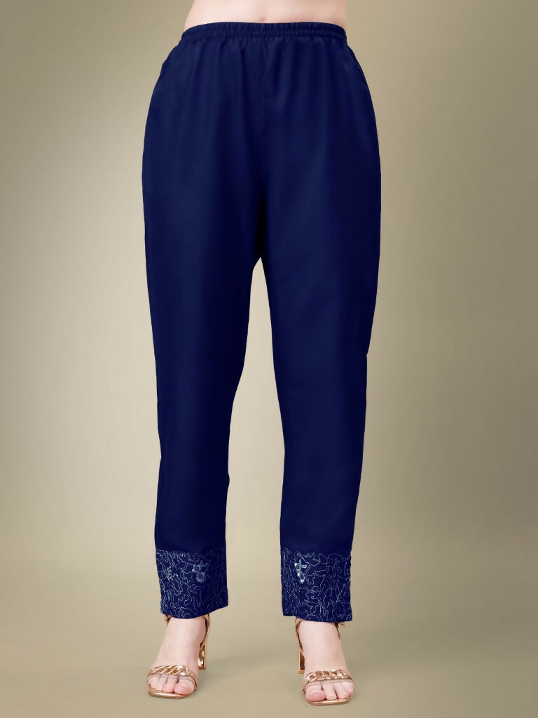 Jyoti Fashion Women's Navy Blue Cotton Blend Embroidery & Fancy Lace work Kurta with Trouser & Dupatta | Swadesiicart