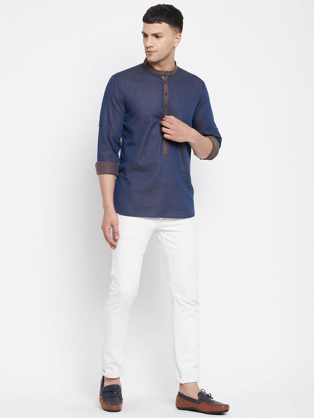Even Apparels Pure Cotton Blue Men's Kurta With Band Collar | Swadesiicart