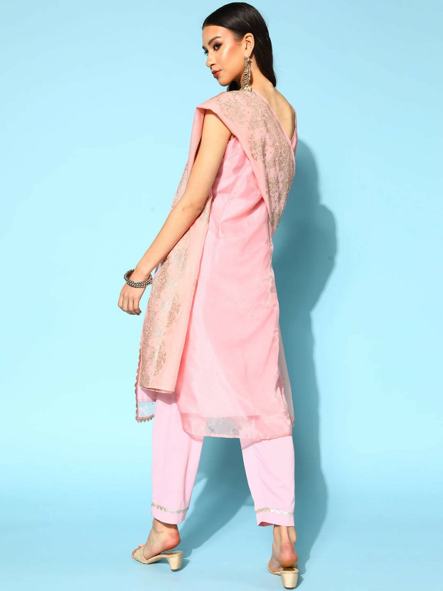 Ahalyaa Women Pastel Pink Colour Organza Glitter Printed Kurta Pant Set With Dupatta | Swadesiicart