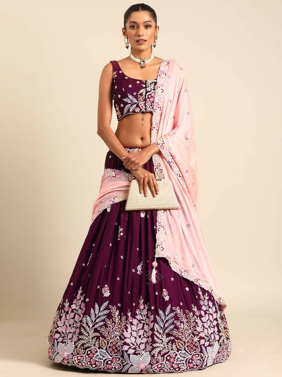 House of Panchhi Burgundy Georgette Sequins and thread embroidery Lehenga choli & Dupatta | Swadesiicart