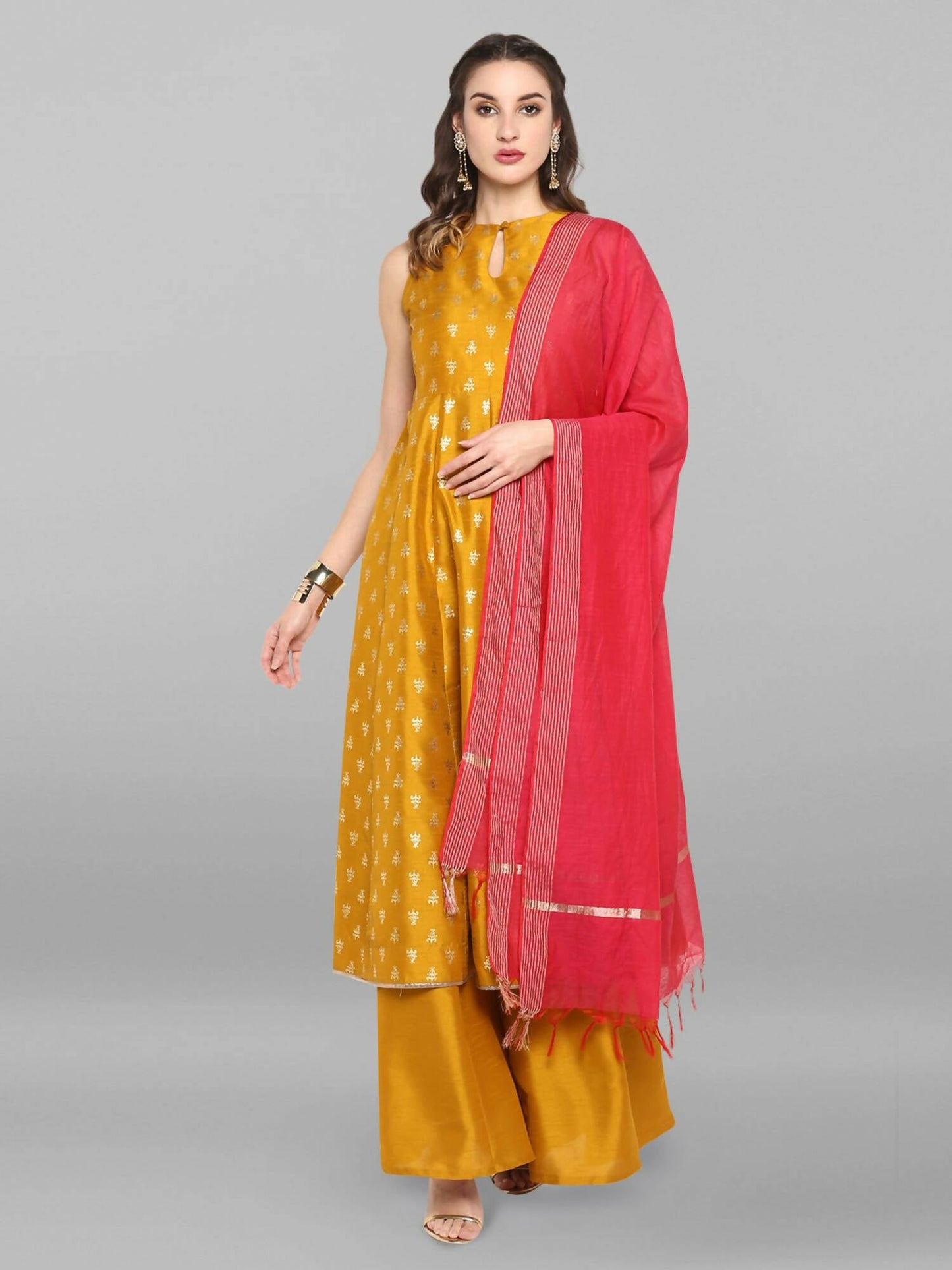 Janasya Women's Mustard Rayon Foil Print Kurti With Palazzo | Swadesiicart
