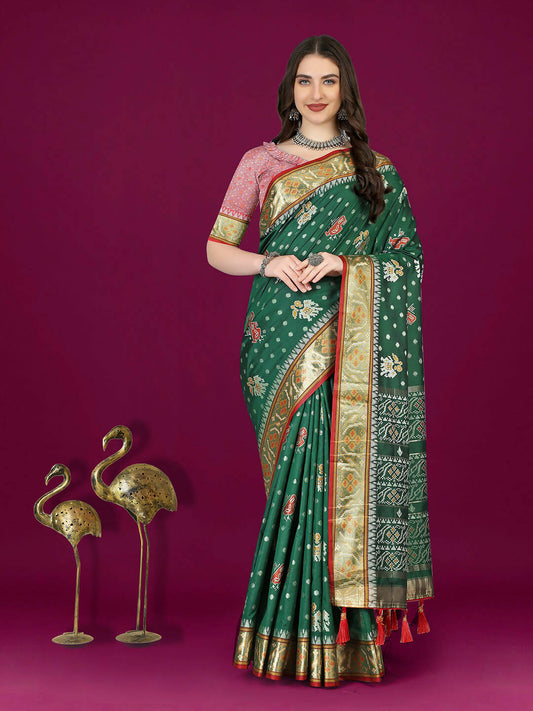 Lorenvalley Fashion Green Patola Silk Woven Design Zari Meenakari Weaving Saree - Swadesiicart