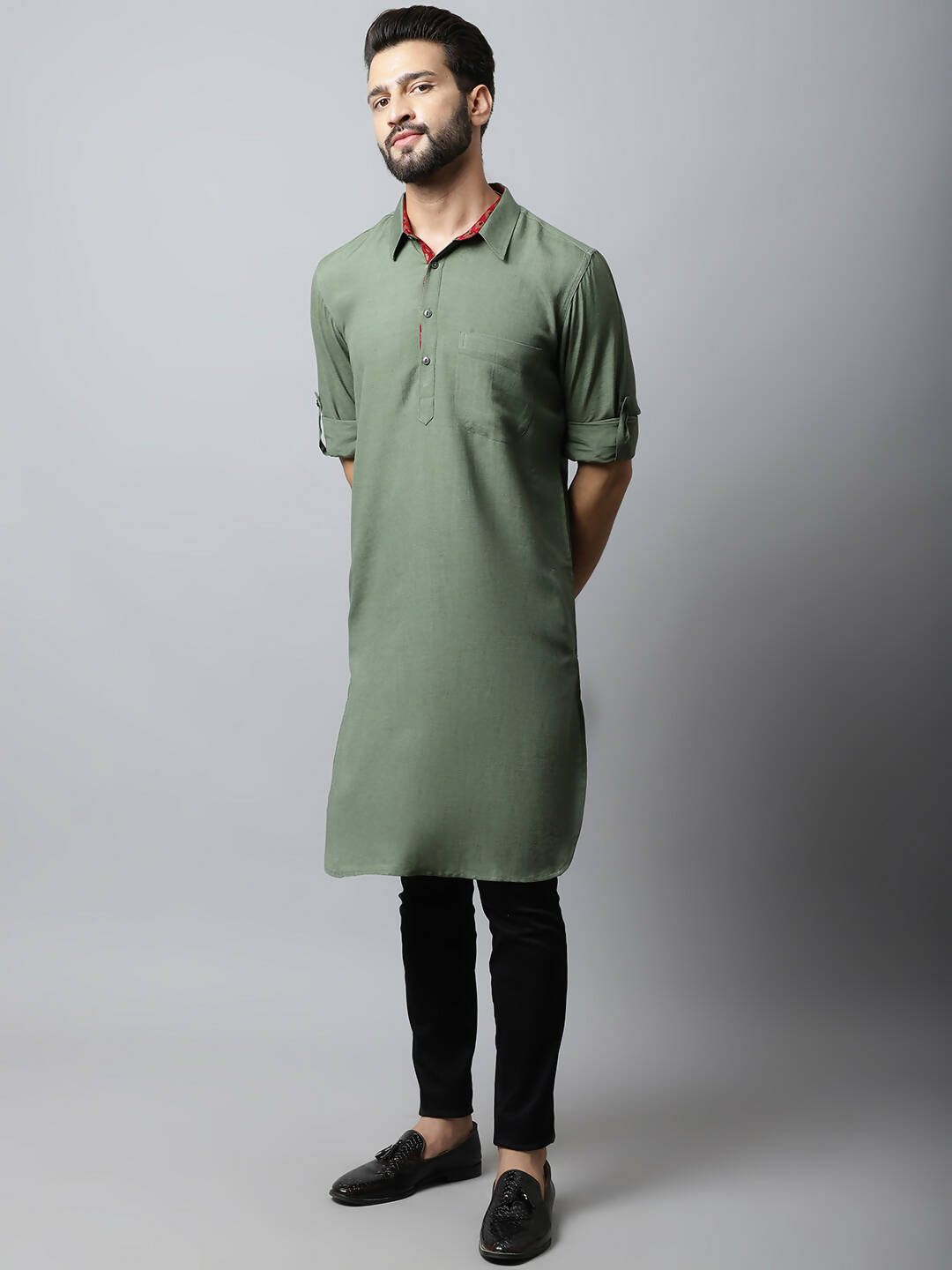 Even Apparels Green Color Linen Solid Men's Kurta With Shirt Collar (LN944) | Swadesiicart