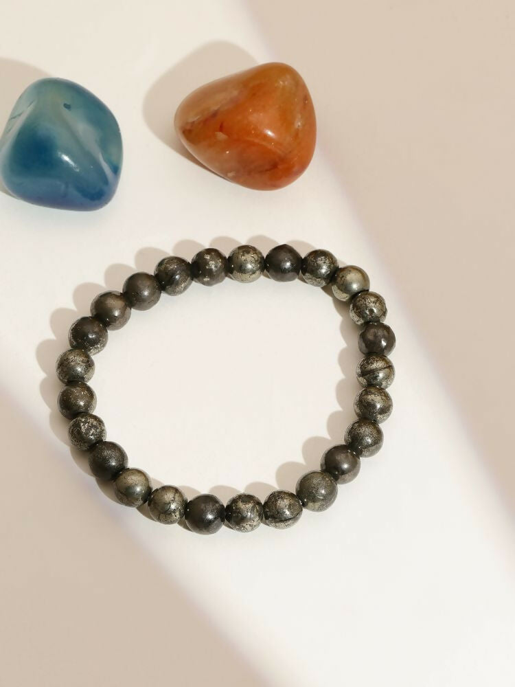 Pyrite Metal Black Round Elastic Bracelet - Ruby Raang | Swadesiicart