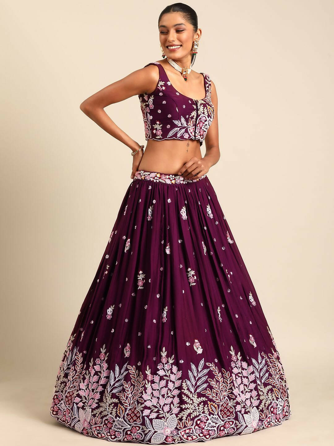 House of Panchhi Burgundy Georgette Sequins and thread embroidery Lehenga choli & Dupatta | Swadesiicart