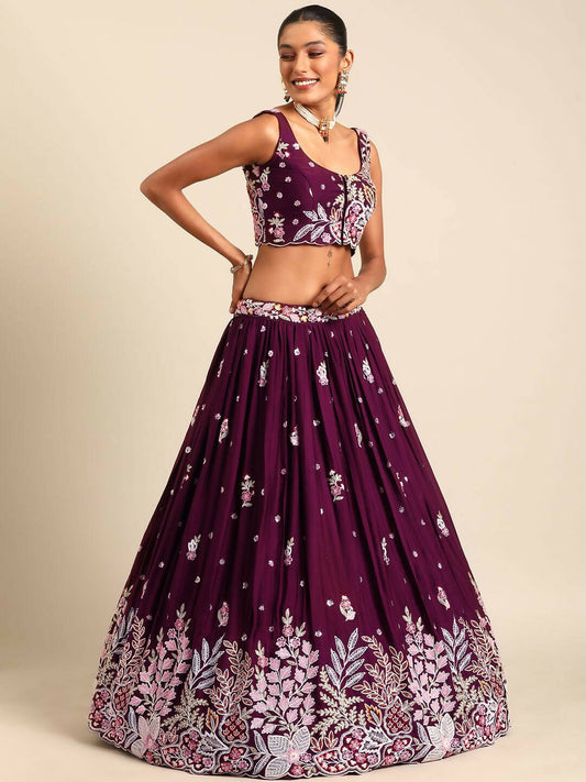 House of Panchhi Burgundy Georgette Sequins and thread embroidery Lehenga choli & Dupatta | Swadesiicart
