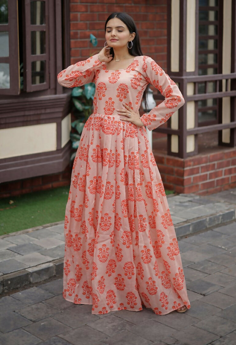 Jyoti Fashion Women's Peach Heavy Digital Printed Pure Chanderi Anarkali Dress | Swadesiicart