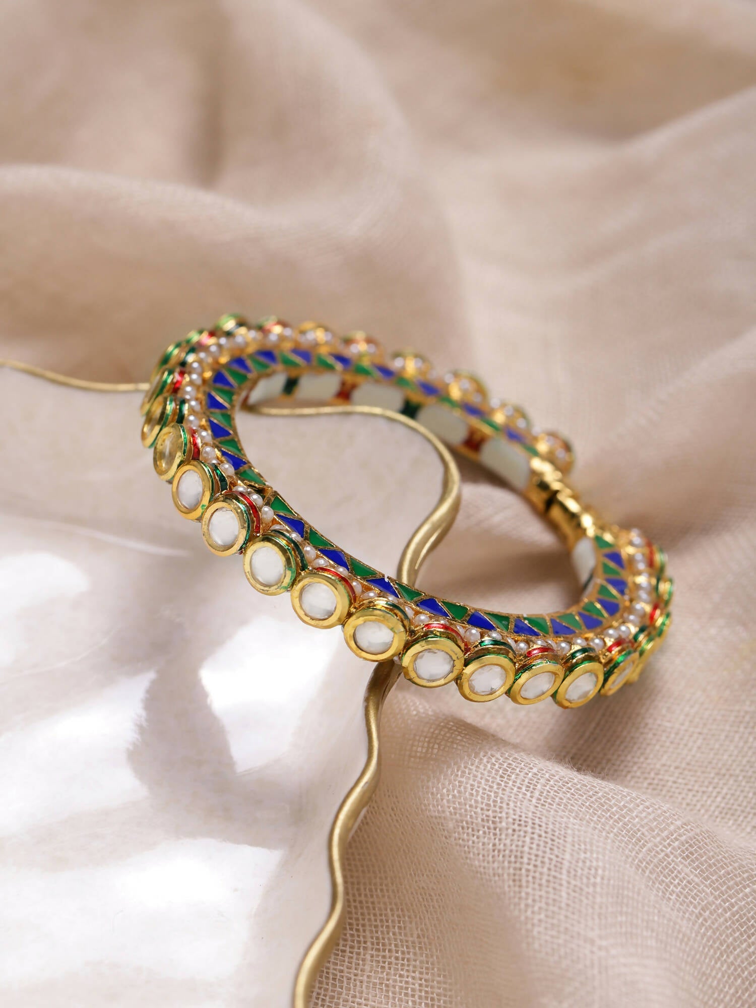 Gold-Polished Stone Studded Meenakari Bangle - Ruby Raang - Swadesiicart