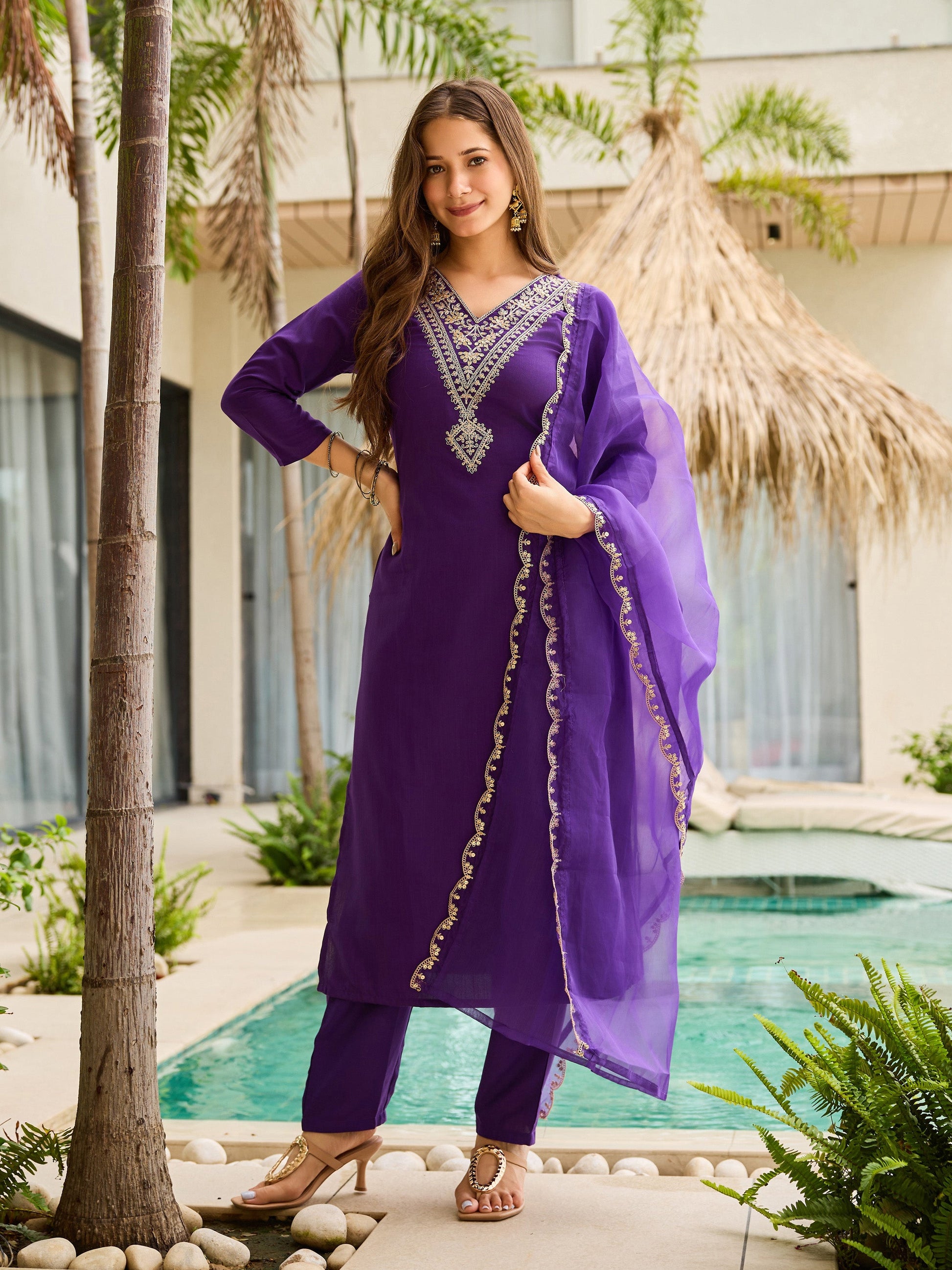 The52 Violet Rayon Slub Fabric Straight Kurta, Pant and Dupatta Set - Swadesiicart