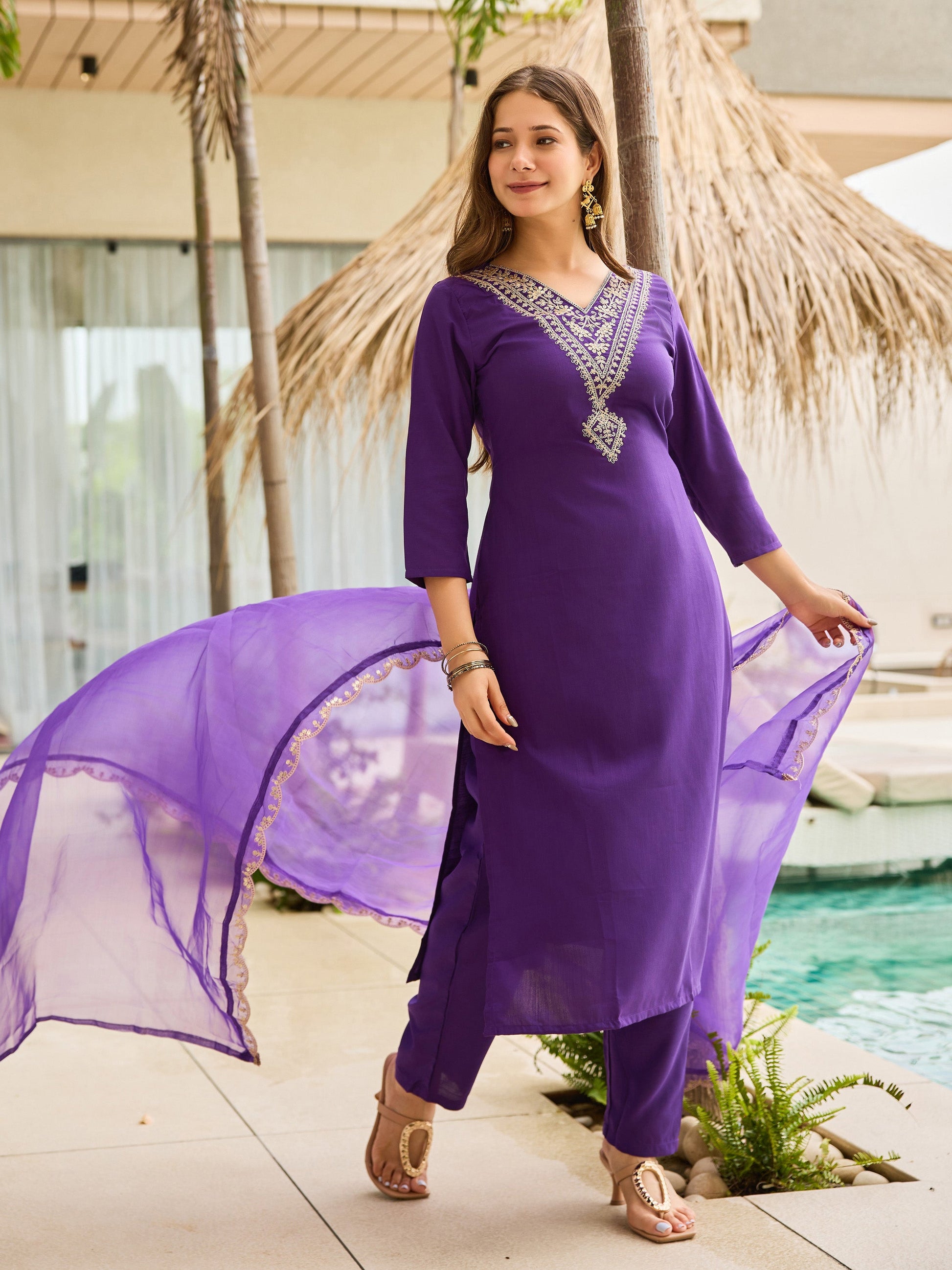 The52 Violet Rayon Slub Fabric Straight Kurta, Pant and Dupatta Set - Swadesiicart