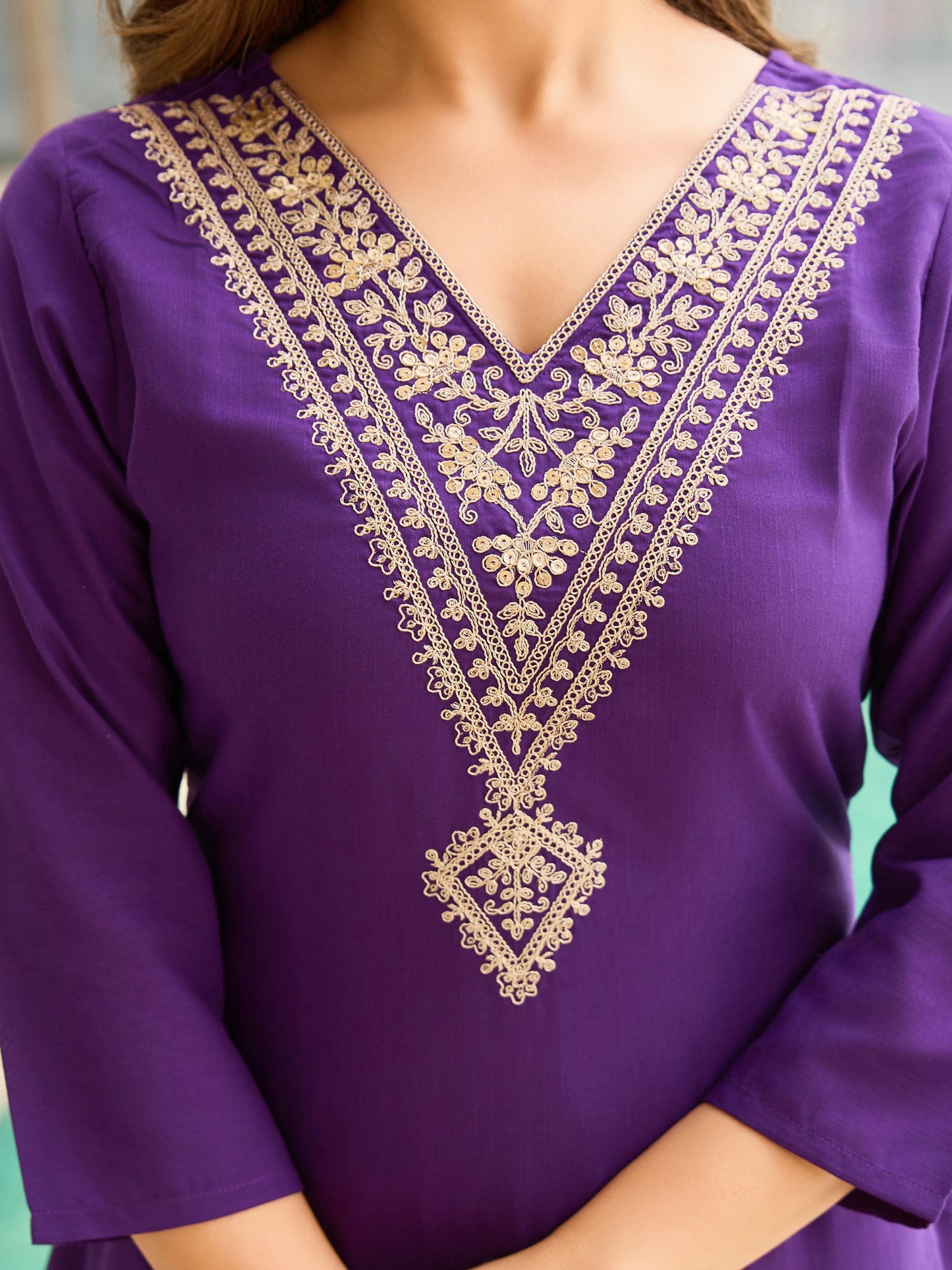 The52 Violet Rayon Slub Fabric Straight Kurta, Pant and Dupatta Set - Swadesiicart